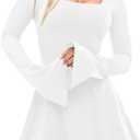 XXTAXN Women’s Sexy Flare Long Sleeve Square Neck Party Yoga Flowy Hem Mini Dress with Shorts, Medium