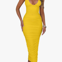 BEAGIMEG Women's Sexy Ruched Sleeveless Deep V Elegant Cocktail Evening Party Maxi Dress M
