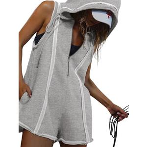 utcoco Women's Summer Casual Sleeveless Romper 2025 Zip Up Hoodies Loose Fit Shorts Jumpsuit with Pockets (Small, Light Grey)