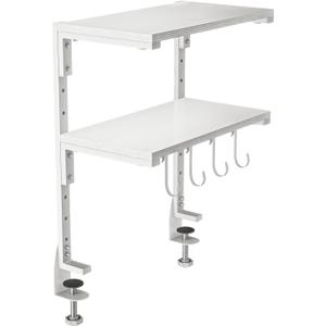 2-Tier Clamp On Desk Shelf, Clamp on Desk Shelf, 13 inch Adjustable Above or Under Wood Desk Storage Shelves, Heavy Duty Desktop Organizer for Working and Gaming Accessories, White
