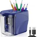 Electric Pencil Sharpener Heavy-Duty Helical Blade Sharpener USB/Battery Operated for No.2/ (6-8mm) Pencils with Auto Stop & Cleaning Brush in School/Classroom/Office (Blue no Adapter)