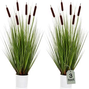Jexine 2 Pack 3ft Artificial Cattails Plant in Pot for Indoor Outdoor