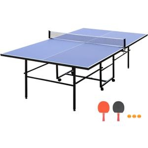 Tennis Tables, Professional Outdoor Table Tennis Tables9Ft Full Size Folding Rolling Ping Pong Table with Net and 4 Wheels, Single Player Playback Mode, Outdoor and Indoor Use (Blue)