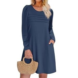 Wenrine Womens Pleated Front Mini Dress Long Sleeve Loose Fit A Line Fall Casual T Shirt Dresses with Pockets Navy, Medium