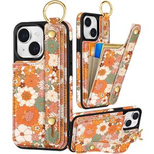 Petitian for iPhone 15 Case with Wallet - Women Girls Cute Girly Aesthetic Unique Design with Leather Credit Card Holder Cardholder Stand Wristband for Apple 15, Orange Floral