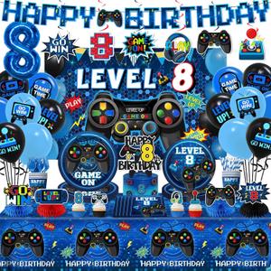 8th Birthday Decorations Boy,197pcs Gamer Birthday Party Decorations Level 8 Birth day Decorations Plates and Napkins Cups Tablecloth Banner Honeycomb for Video Game Party Decorations