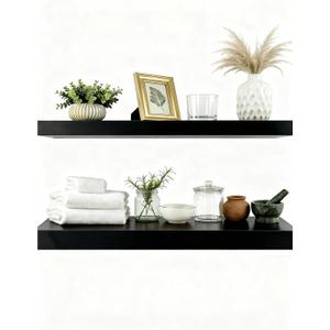 Solid Wood Floating Shelves,40in Finished Real Wood Wall Shelves with Heavy-Duty Hidden Bracket, Easy Installation, Set of 2, 40in x 7.1in x 1.5in, for Living Room Bedroom Kitchen,Black