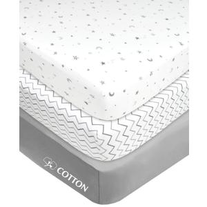 American Baby Company 3 Pack 100% Natural Cotton Fitted Mini Crib Sheets 38" x 24" - Soft & Breathable Small Nesting Portable Sheets, Fits Pack N Play Mattresses, Gray Star/Zigzag, for Boys & Girls