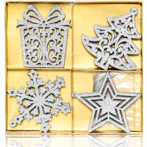 Christmas Tree Glitter Ornaments - 16PCS Sequin Snowflake Decorations (Gift Wrap 3.5 Inch/Star 3.9Inch/Snowflake 4Inch/Tree 3.9Inch) Silver