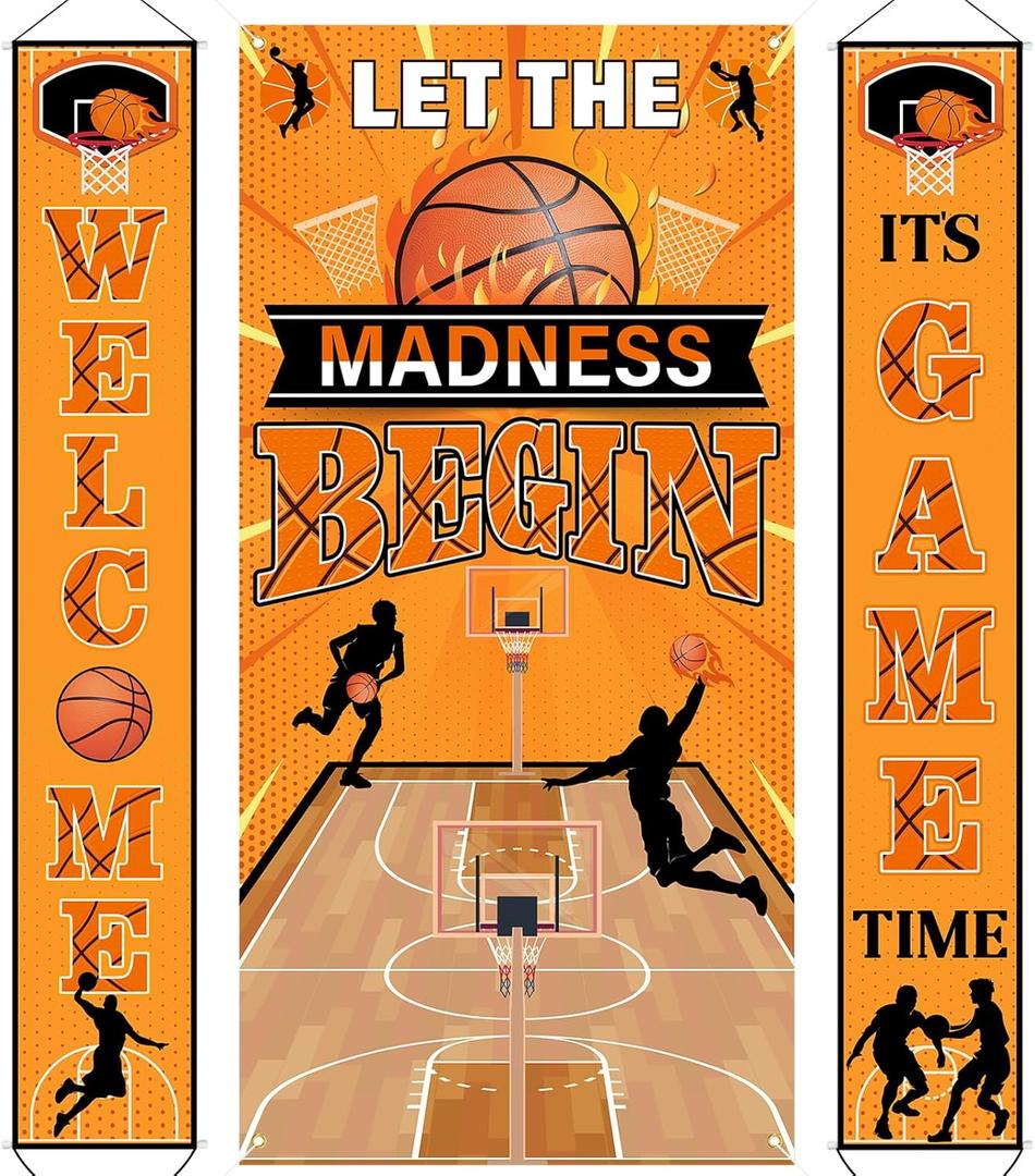 3Pcs Basketball Party Decorations Set, Let The Madness Begin Basketball Door Cover Welcome It's Game Time Porch Sign Banner Backdrop for Indoor Outdoor March Madness Sport Theme Party Supplies