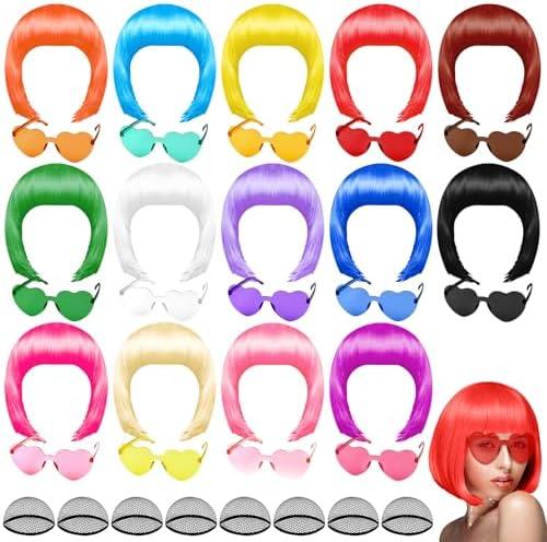 PLULON 10 Pieces Colorful Wigs, Party Wigs and Sunglass Set, Neon Short Bob Wig Sunglass Pack Costume Colorful Cosplay Wig Daily Party Hairpieces Bachelorette Halloween Costume