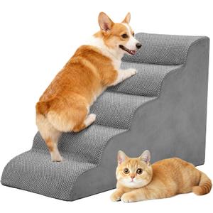 DUMOS Dog Stairs Ramp for Small Dogs and Cats, 5-Step Curved Pet Dog Steps with High-Density Foam for Puppy and Older Cats, Indoor Non-Slip Pet Ladder Ramp Stairs for Couch, High Beds, Sofa, Car, Grey (Round-22.83"H)