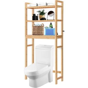 HITOMEN Over The Toilet Storage Cabinet, Bamboo Adjustable 3-Tier Above Toilet Shelf, Stable Freestanding Above Toilet Organizer with 3 Hooks for Bathroom Restroom Laundry Balcony, Natural 67" H