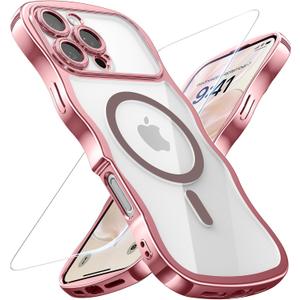 3 x for iPhone 16 Pro Max Case: [Cute Wave Frame][Fit for MagSafe] Military Drop Shockproof Protection, Camera Protective Glossy Slim Magnetic Wavy Phone Cover for Women Girls 6.9'', Clear/Pink