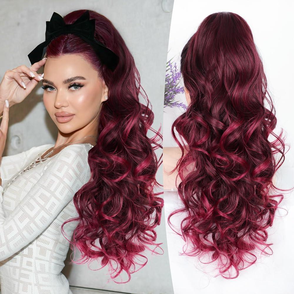 ALXNAN Ponytail Extension,24 Inch Claw Clip in Long Curly Wavy Wine Red Ponytail Hair Extension Jaw Clip on Pony Tails Hairpiece for Women