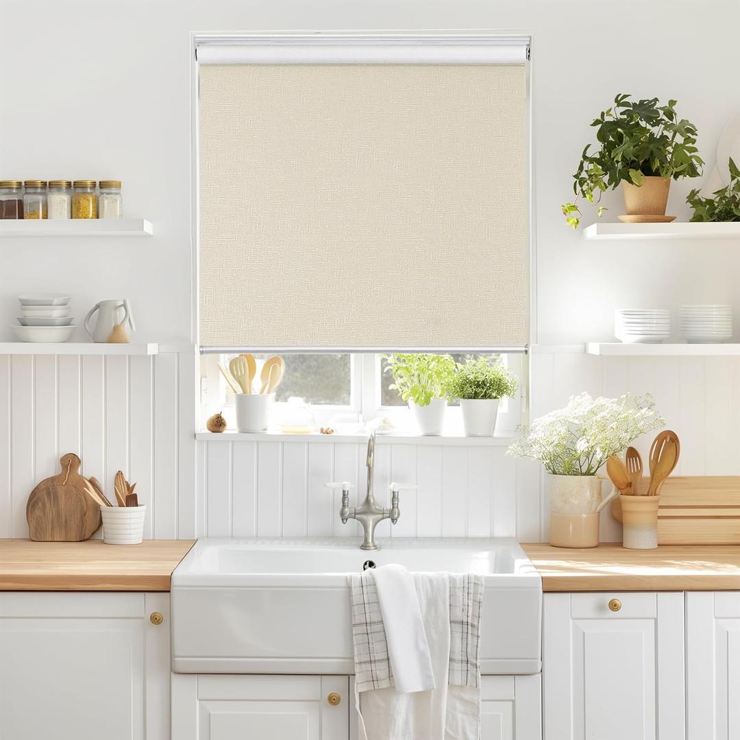 ChrisDowa Cordless 100% Blackout Roller Shade, with Striped Jacquard, Thermal Insulated, UV Protection Fabric, Total Blackout Blinds for Window, French Doors, Home and Office. Beige, 37" W x 72" H