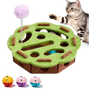 Interactive Cat Puzzle Toy for Indoor Cats, Felt Cat Puzzle Feeder Box with 3 Metal Balls and Wand. Cat Scratch Puzzle Enrichment Box for Self-Play & Encourages Hunting Instincts.