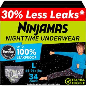 Ninjamas Boys Bedwetting Nighttime Underwear, Size L (6495+ lbs), 34 Count, Overnight Protection, Ultra Absorbent, Hypoallergenic