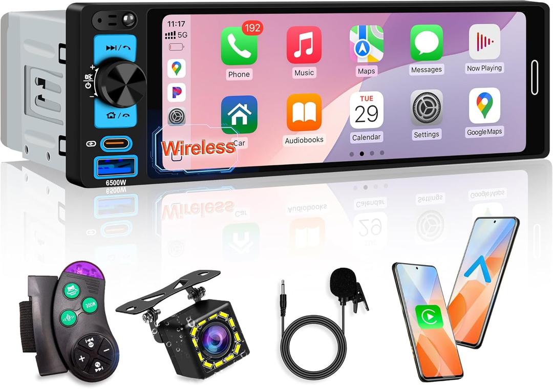 6.5 Single Din Car Stereo Receivers with Wireless Apple CarPlay, IPS Touchscreen 1280x452, Car Bluetooth 5.2, Car Radio FM AM, Backup Camera, USB Type-c Fast Charging, Android Auto, GPS Navigation
