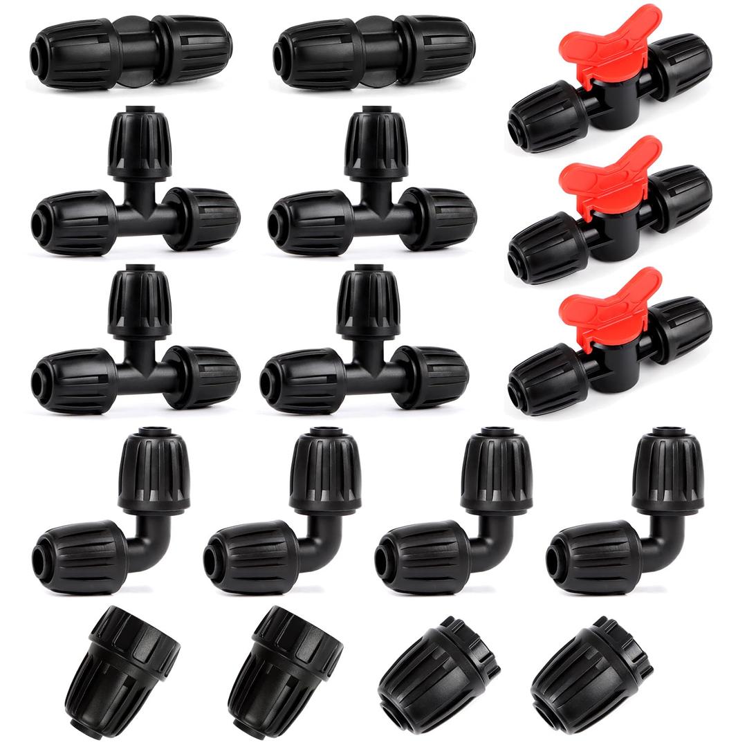 RedChili 17 Pcs 1/2 Inch Irrigation Tubing Fittings Kit, (1/2" ID x0.6-0.65" OD) 16mm Drip Tubing Barbed Locked Nuts Connectors with 2 Couplings 4 Tees 2 Ends 4 Elbows 3 Valves 2 Faucet Adapters RedChili 17 Pcs 1/2 Inch Irrigation Tubing Fittings Kit, (1/2" ID x0.6-0.65" OD) 16mm Drip Tubing Barbed Locked Nuts Connectors with 2 Couplings 4 Tees 2 Ends 4 Elbows 3 Valves 2 Faucet Adapters