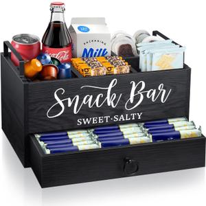Snack Organizer for Countertop, Wood Snack Basket Snack Tray with Handles, 5 Compartment Pantry Storage Bins with Drawer, Food Container Snack Box for Snacks, Chips, Packets