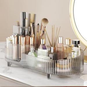 Rotating Large Capacity Cosmetic Display Case,Bathroom Counter Organizer Countertop Storage,Cosmetics Skincare Shelf Organizer (Clear)