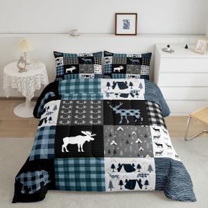 Rustic Bear Deer Comforter Set Queen,Country Cabin Bedding Set for Kids Teens Blue Checkered Buffalo Plaid Quilt Moose Woodland Wildlife Patchwork Duvet Insert Camping Tent Farmhouse Decor