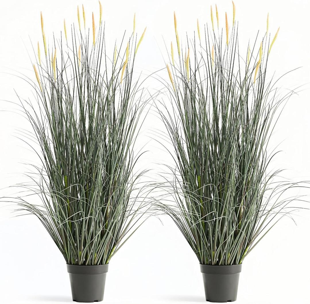 Faux 4ft 2-Pack Horsetail Reed Grass with Pink Spikes, 48in Tall Indoor Outdoor Fake Grass in Pot, Home Office Decorative Artificial Plant & Greenery, Wedding Decor Green Bristlegrass