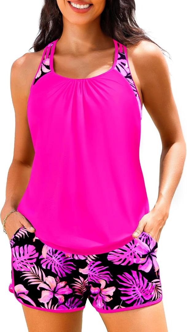 Women Tankini Swimsuits with Shorts - Two Piece Tummy Control Blouson Tankini with Two Pockets Bottom Bathing Suit (Medium, Pink Floral)