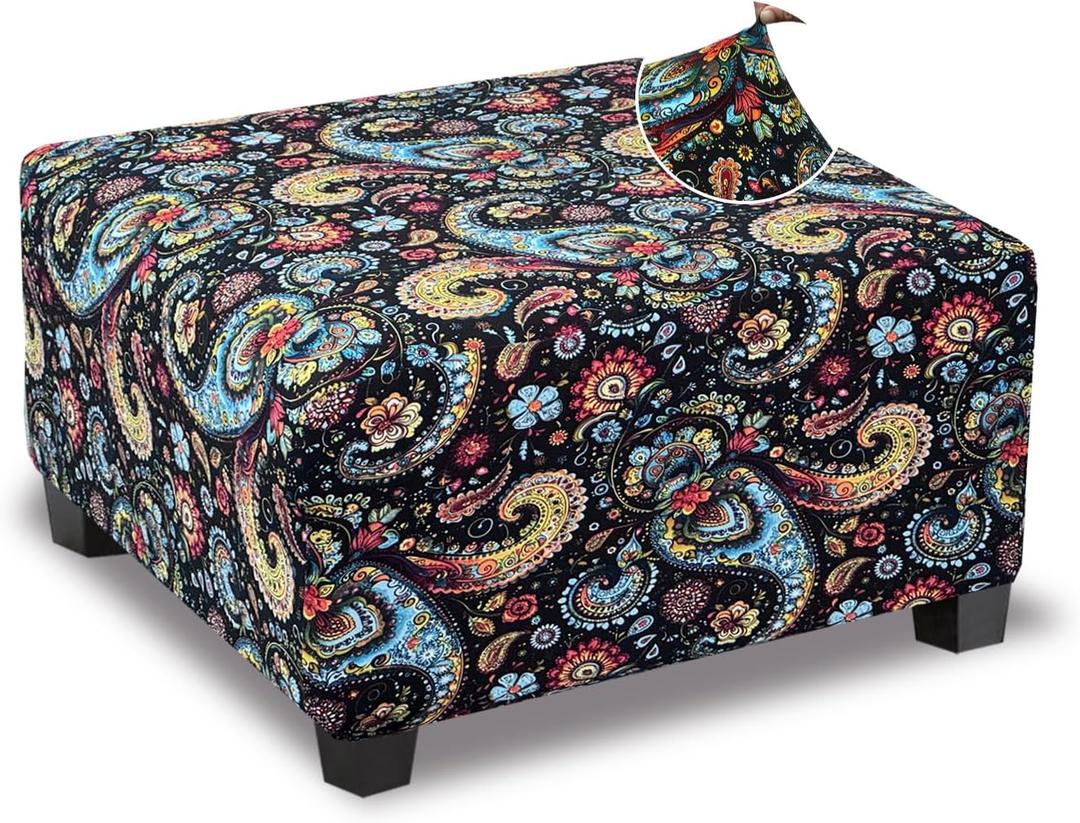Ottoman Cover Square Slipcovers Printed,Stretch Footrest Stool Cover for Ottoman Square,Soft Foot Stool Cover Protector with Nonslip Elastic Bottom (Medium,Flower F)