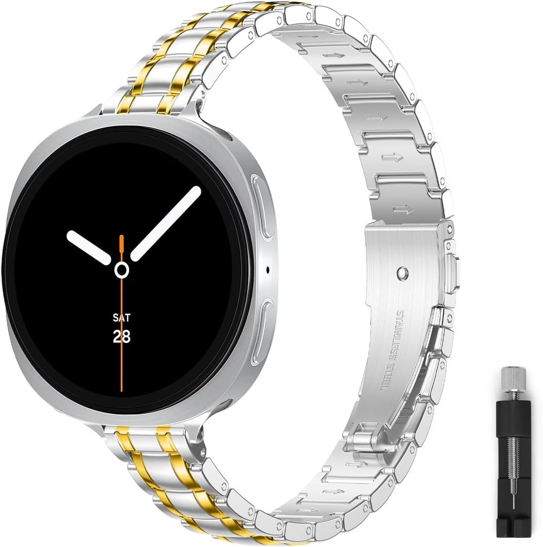 Slim Metal Bands for Samsung Galaxy Watch 8 Band 40mm 44mm/8 Classic 46mm,Thin Elegant Stainless Steel Dressy Business Strap Replacement WristBands for Samsung Watch 8 Band 40 44 mm,01-Silver/Gold