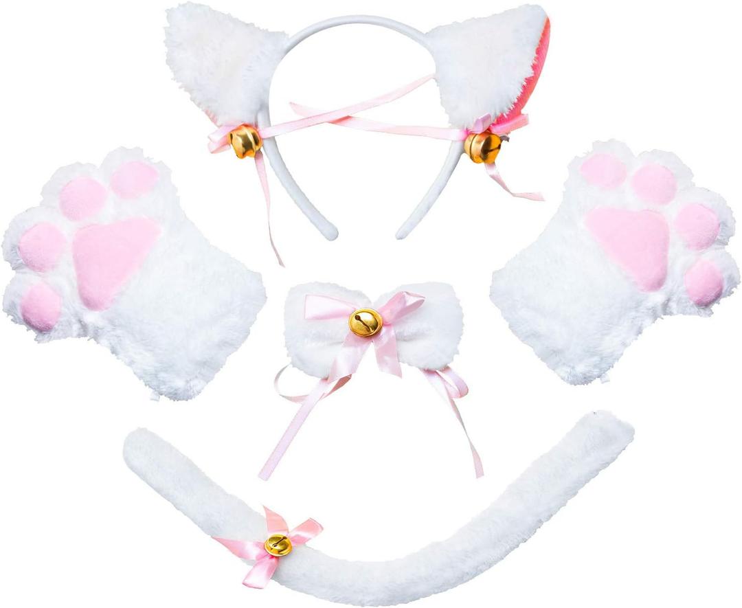 Beelittle Cat Cosplay Costume Accessories Kitten Ears Tail Collar Paws for Women Girl Halloween Dress Up (White)