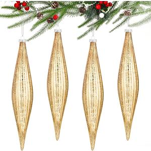 4 Pcs 9.8 Inches Large Glass Finial Drop Christmas Ornaments Hanging Christmas Finials Glass Ornaments Assorted Decor for Xmas Tree Outdoor Indoor Holiday Decoration(Gold)