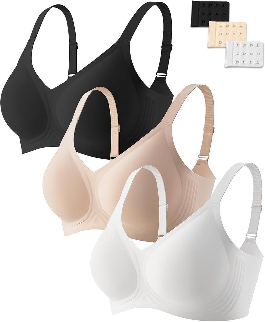 JOYTREE 3PCS Jelly Bras for Women No Underwire Comfort Wireless Women Bras Seamless Full Coverage Bralettes, Bra Extender (S)