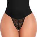 Werena Tummy Control Thong Shapewear for Women Mid High Waisted Body Shaper Underwear Lace Shaping Thong Girdle Panties (Large, Black)