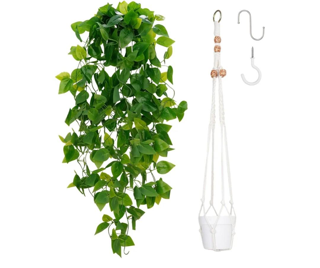BLEUM CADE 1pcs Fake Hanging Plants Kit with Pot and Plant Hanger, Artificial Pothos Vines Hanging Potted Plant Greenery for Home Living Room Indoor Outdoor Decor