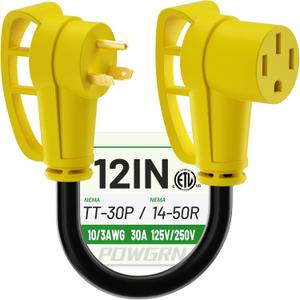 POWGRN 30 Amp to 50 Amp RV Adapter 12 inch, Heavy Duty 10/3 Gauge RV Electrical Adapter, NEMA TT-30P Male to NEMA 14-50R Female, STW 10AWG 30A 125V 3750W, Black-Yellow, ETL Listed