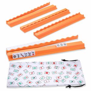 LUMIVIA 50cm Mahjong Racks with Pushers, Orange Wooden American Mahjong Tile Pushers & Racks Set of 4, with White Printed Mahjong Racks Drawstring Bag, Mahjong Accessories