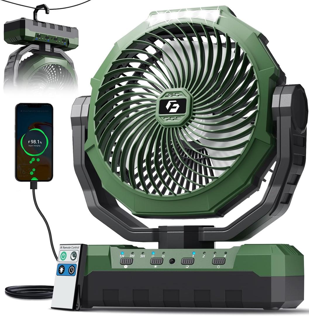 FRIZCOL 3-in-1 Camping Fan - Portable Fans Rechargeable - High Capacity Battery Powered Fan(60Hrs) with Light & Remote for Indoor Outdoor, Tent, Travel, Fishing, Jobsite, Gifts for Men Dad Him - Green