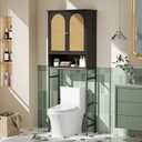 Rattan Toilet Storage Cabinet, Over The Rack Wood Cabinet with Metal Stand, Bathroom Organizer with Adjustable Shelf, Tall Freestanding Washer Shelf, Small Cupboard, Space Saver, Natural style, Black (68.9"H)