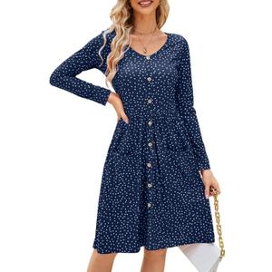 OUGES Women's V Neck Button Down Skater Midi Dress with Pockets (X-Large, Blue Polka Dot)