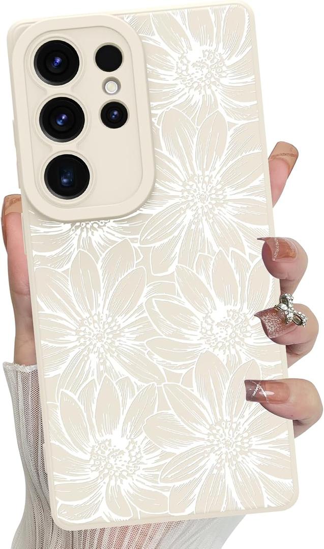 MZELQ for Samsung Galaxy S25 Ultra Case, Silicone White Floral Flowers Sunflowers Cute Pattern, Camera Protection Soft Slim Phone Case for Girls Women -White