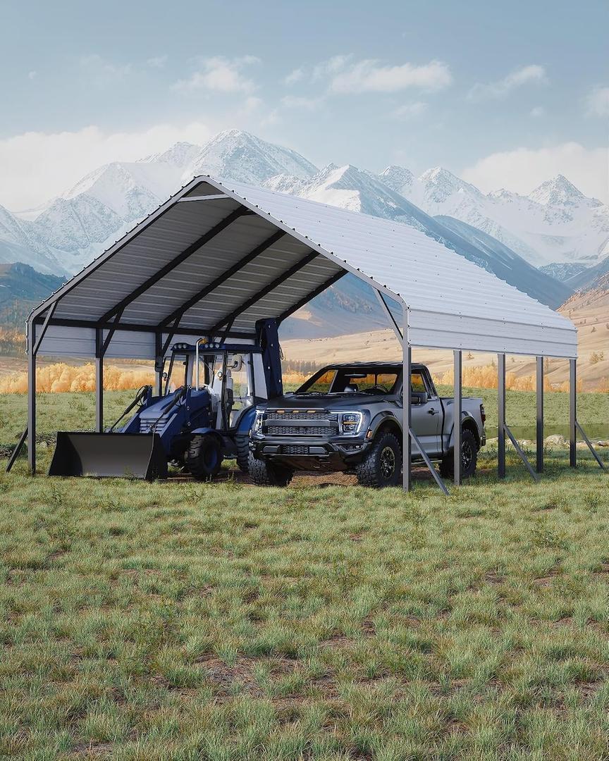 Garveelife 20 ft x20 ft x13 ft Metal Carport for 2 Cars, Heavy Duty Steel Frame for All Weather, Permanent Shelter for Boats, Full-Sized Pickup Trucks, and Tractors, N.W. 800 LBS