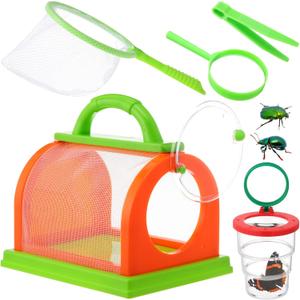 5 Pcs Bug Catcher for Kids Bug Catcher Kit Outdoor Toy Gift with Bug Collector Insect Viewer Butterfly Net Magnifying Glass Tweezer Kid Bug Habitat Outdoor Explorer Kit(Orange and Green)