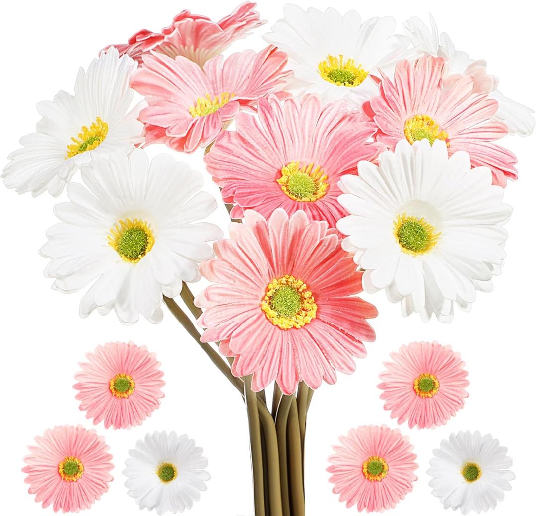 Hoteam 10 Pcs Artificial Gerbera Daisy Flowers PU Fake Daisy Decorations Pink White Real Touch Bouquet with Stems Table Centerpieces Home Decor for Wedding Bridal Birthday Baby Shower Party Supplies