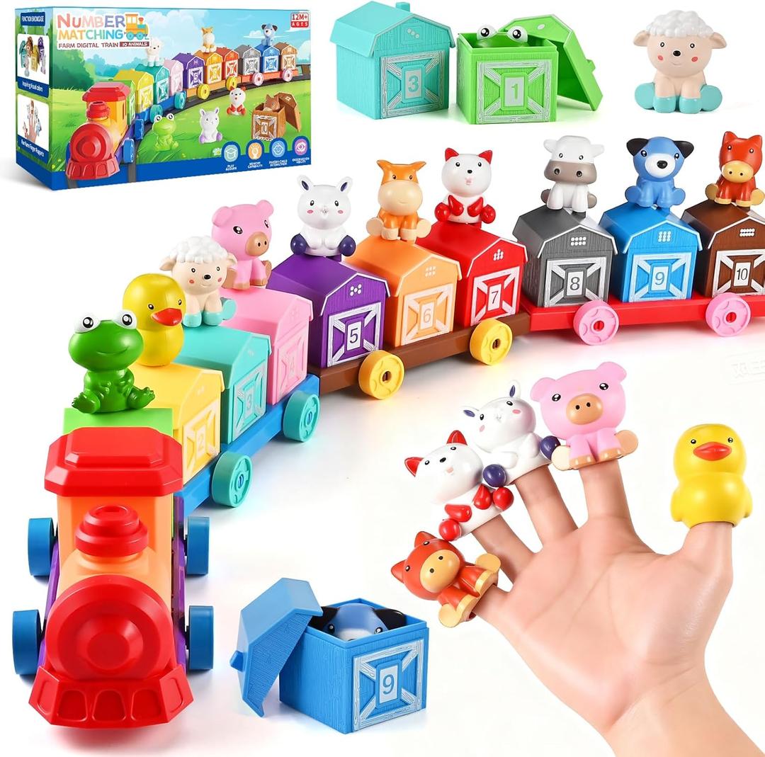 Toddler Toys Farm Animal Train for 1 2 3 Years Old, Counting Matching Sorting Montessori Learning Toy with 10 Finger Puppets, 10 Number Barns for Baby Boys Girls, Educational Christmas Birthday Gift