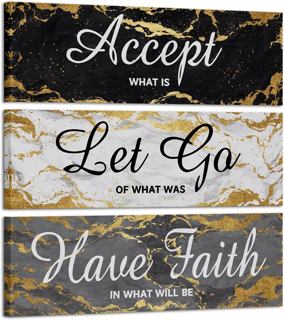 iKNOW FOTO 3 Pieces Black Grey and Gold Wall Art Accept Let Go Have Faith Bedroom Wall Decor Rustic Marble Inspirational Quotes Decor Women Girl Bedroom Bathroom Each Size 4x12 Inches
