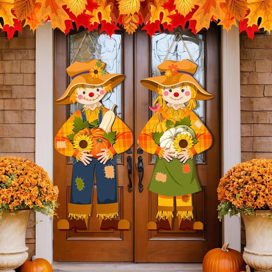 Shellwei 2 Pcs Thanksgiving Scarecrow Door Decor Fall Porch Sign Decoration Fall Wreath for Front Door Scarecrow Hanging Sign Thanksgiving Decor for Autumn Harvest Party Home Porch Wall Indoor Outdoor