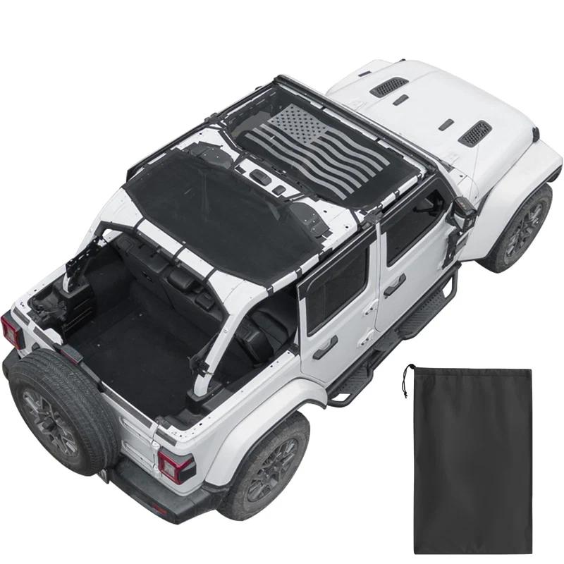 Jeep Wrangler JLU 4-Door (2018–2026) Mesh Sun Shade Top – Full Coverage, US Flag