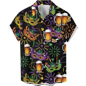 Purple Mardi Gras Shirt for Men Button Down Short Sleeve Hawaiian Shirts (Black, S)